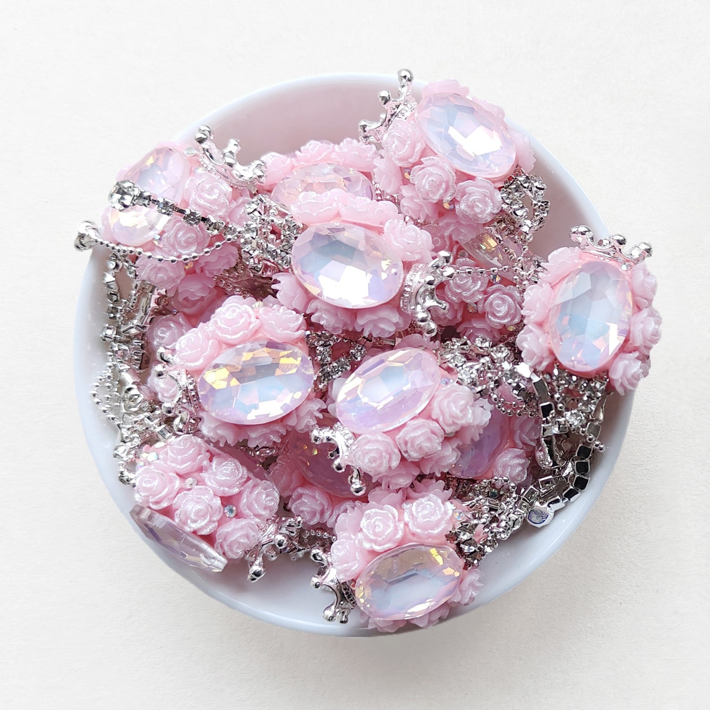 Pink Rose Flower Bling Gem Beads, Dangly Rhinestone Focal Beads