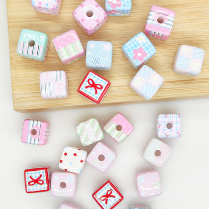 15mm Assorted Pink Cute Pattern Square Cube Acrylic Beads