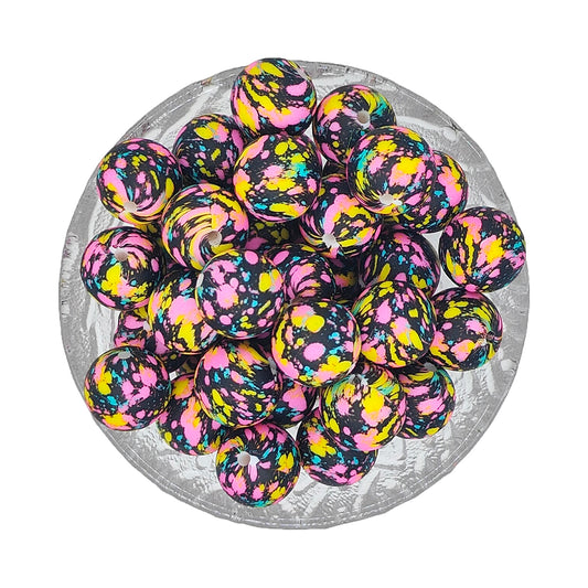 15mm Colorful Splatter Print Round Silicone Beads