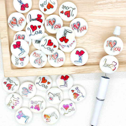 Valentines Day Love Flat Round Acrylic Beads,Pen Charm
