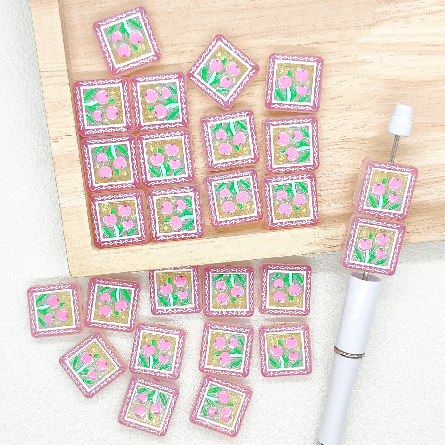 Tulip Flower Square Charm Beads, Floral Acrylic Loose Beads Bulk