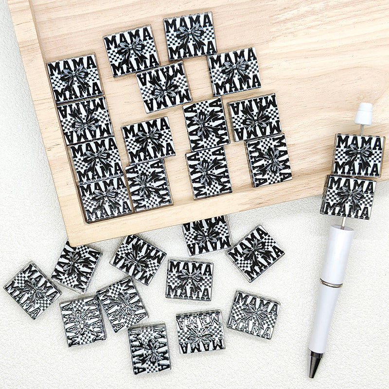 Black White MAMA Bowknot Acrylic Pen Focal Beads