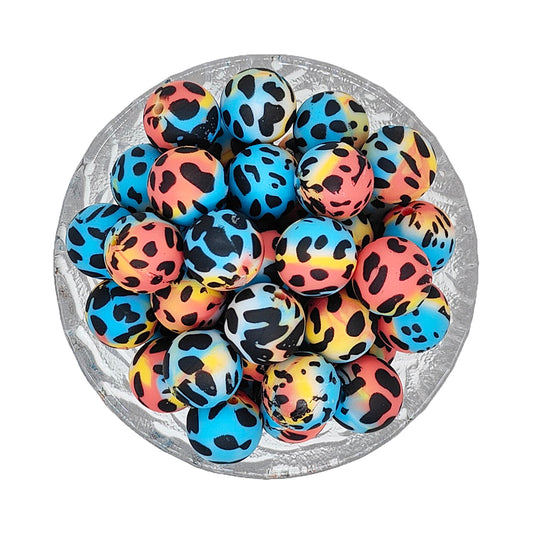 15mm Tie-Dye Cow Print Round Silicone Beads