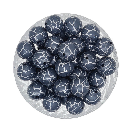 15mm Black Crack Print Round Silicone Beads