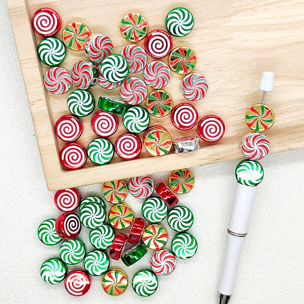New Flat Round Christmas Swirl Candy Acrylic Beads
