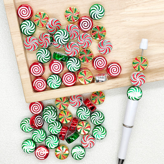 New Flat Round Christmas Swirl Candy Acrylic Beads