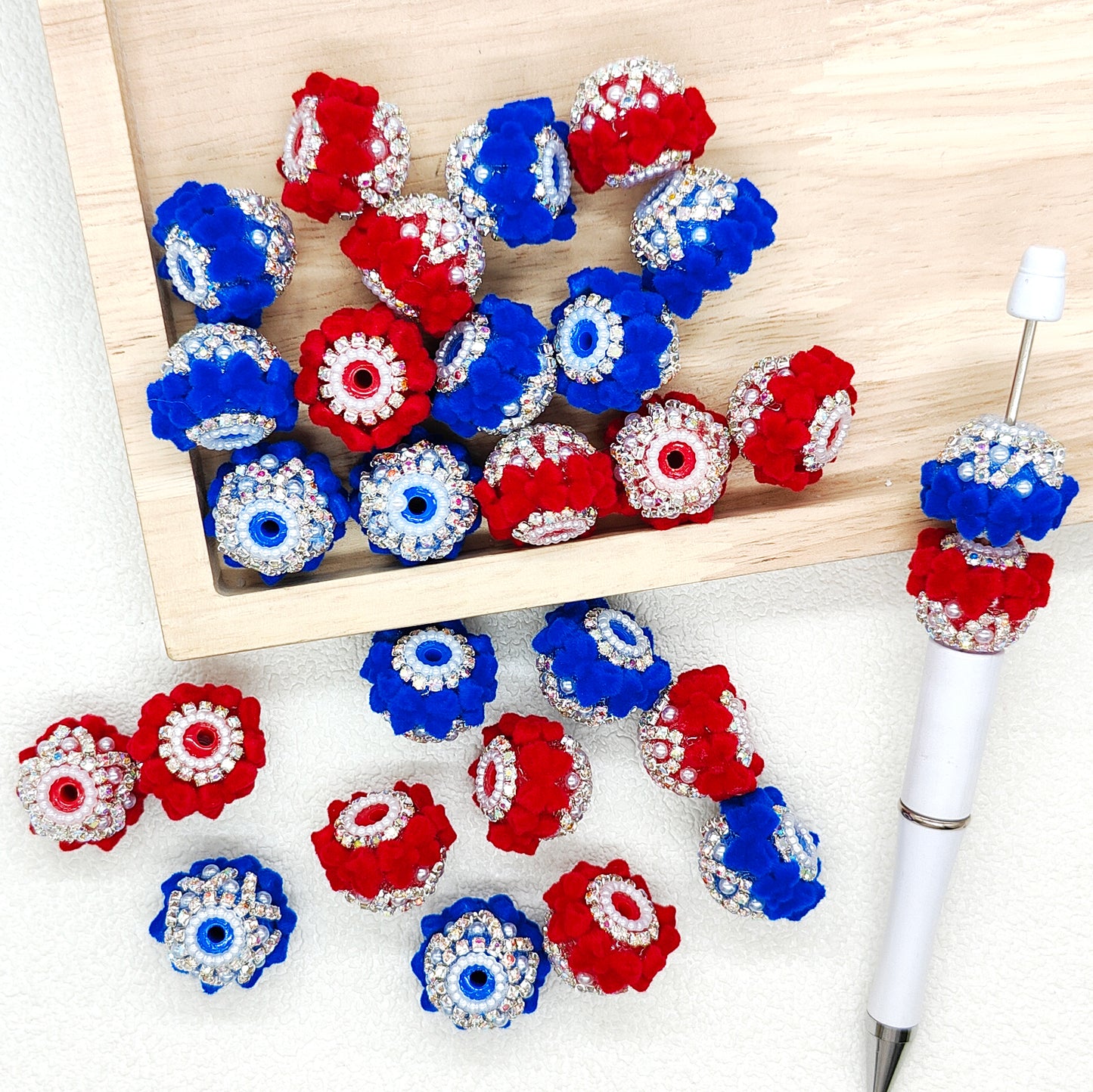 Patriotic Blue Red Flocked Bow Crystal Fancy Beads for Beaded Pen Holiday Jewelry