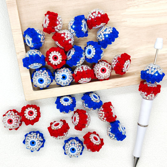 Patriotic Blue Red Flocked Bow Crystal Fancy Beads for Beaded Pen Holiday Jewelry