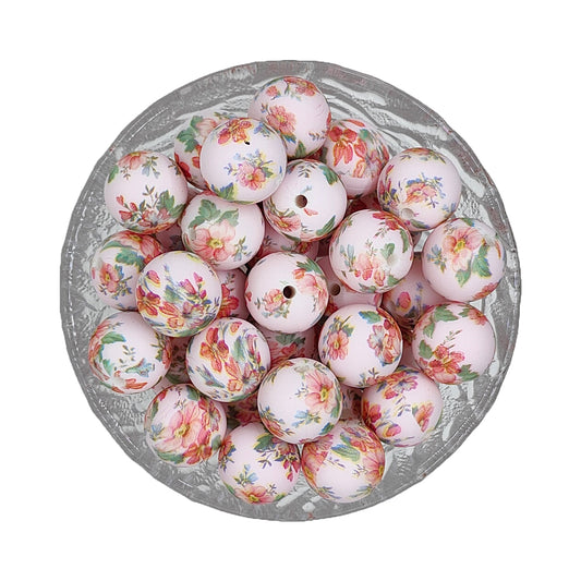 15mm Pink Floral Print Round Silicone Beads