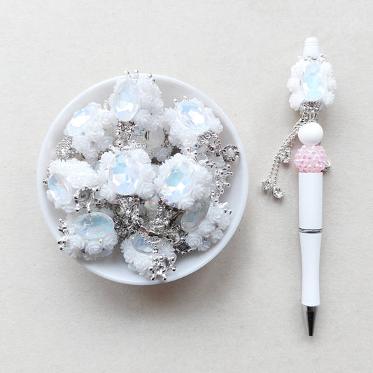 5Pcs White Rose Flower Bling Gem Beads, Dangly Rhinestone Beads