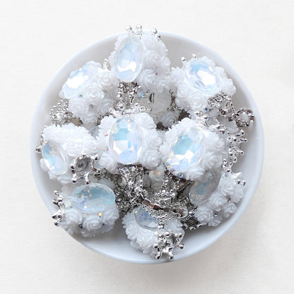 White Rose Flower Bling Gem Beads, Dangly Rhinestone Beads