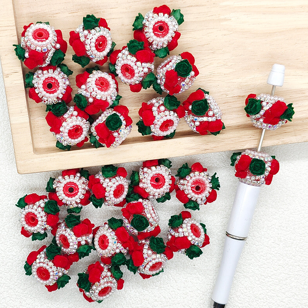 Flocked Christmas Rose Flower Acrylic Rhinestone Beads