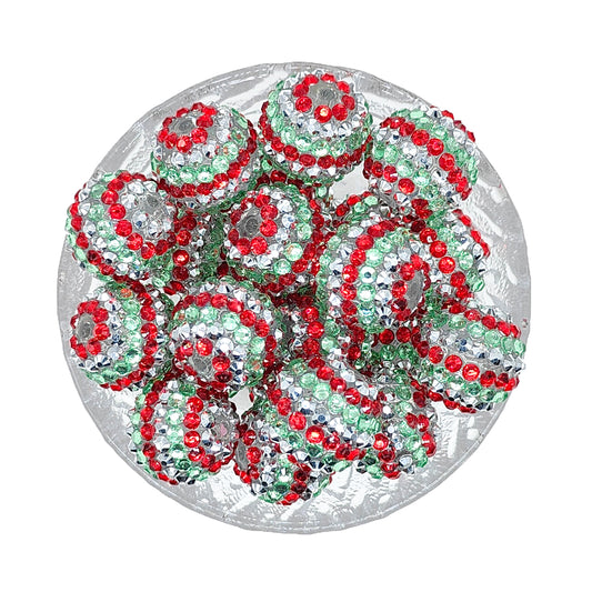 20mm Christmas Striped Rhinestone Chunky Bubblegum Acrylic Beads