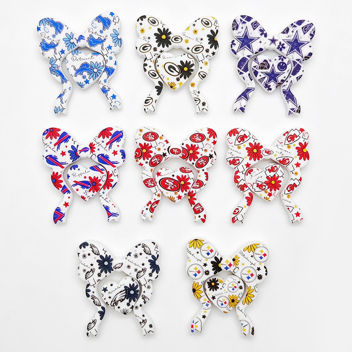 New Football Team Print Silicone Bow Heart Set Focal Beads