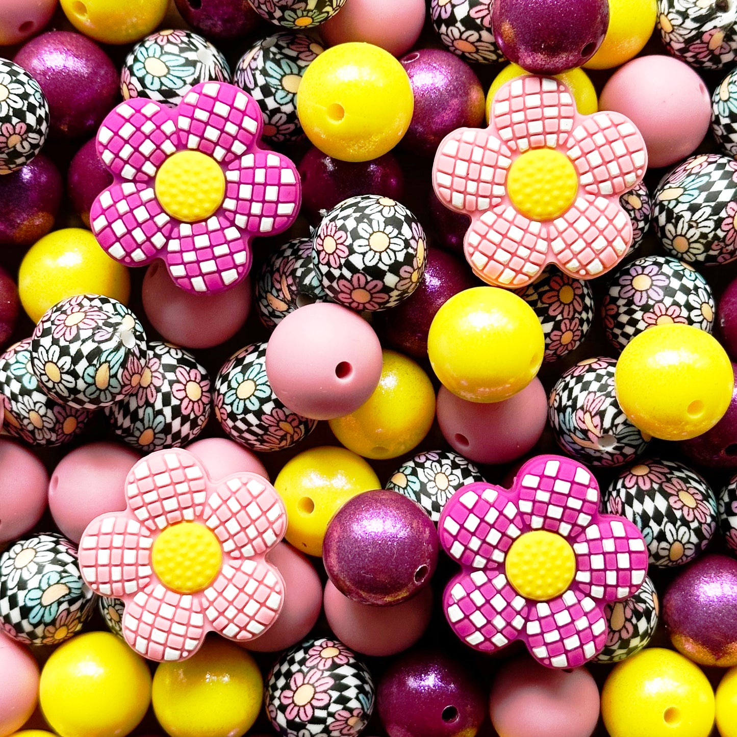 Assorted Floral Check Silicone Beads Pack