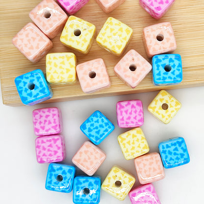 Cube Acrylic Colored Cow Print 15mm Square Beads