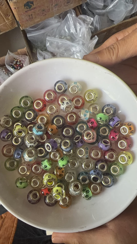 Assorted Dog Paw Large Hole Lampwork Spacer Beads, European Charm Beads