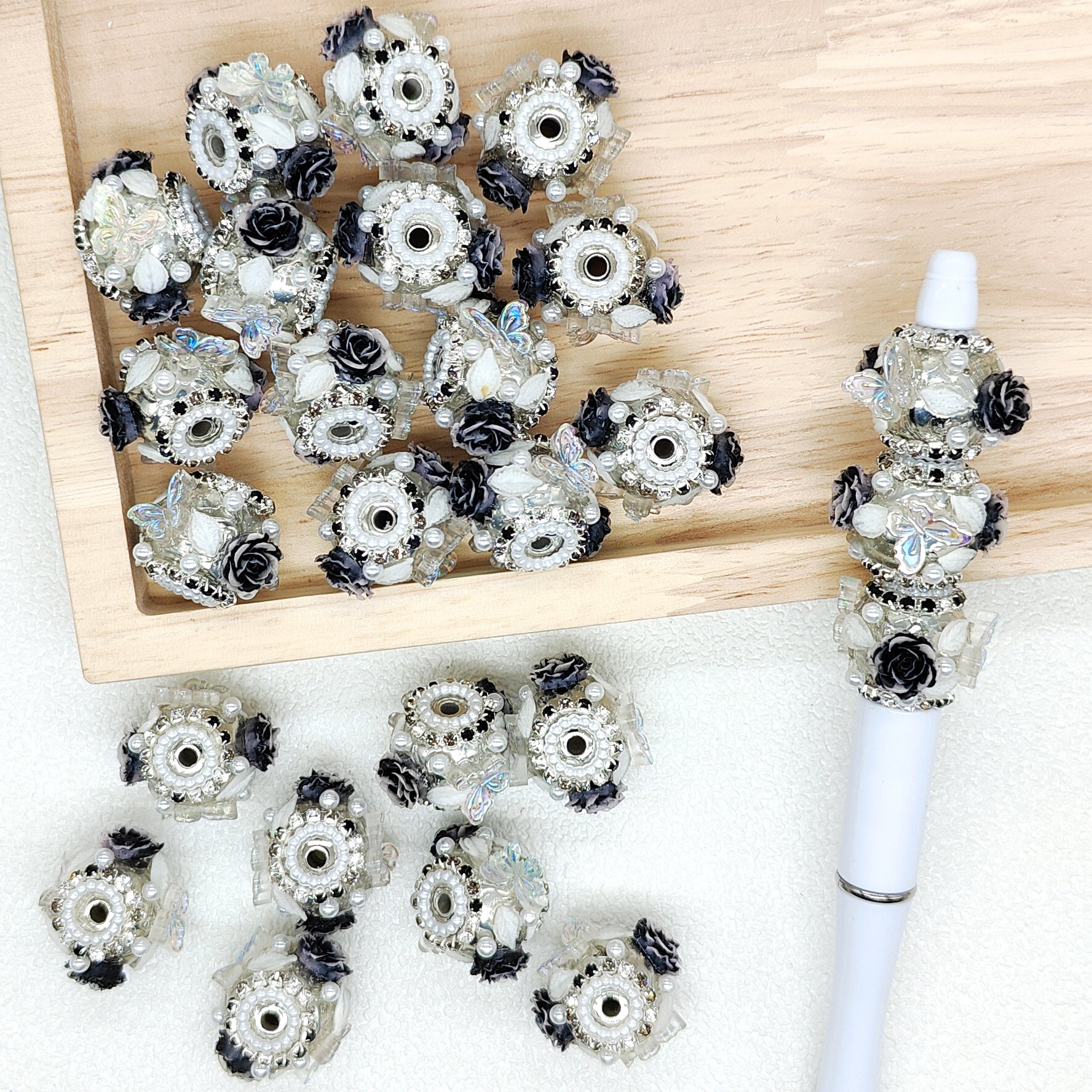 Black Rose Flower Butterfly Acrylic Fancy Beads,Floral Ball