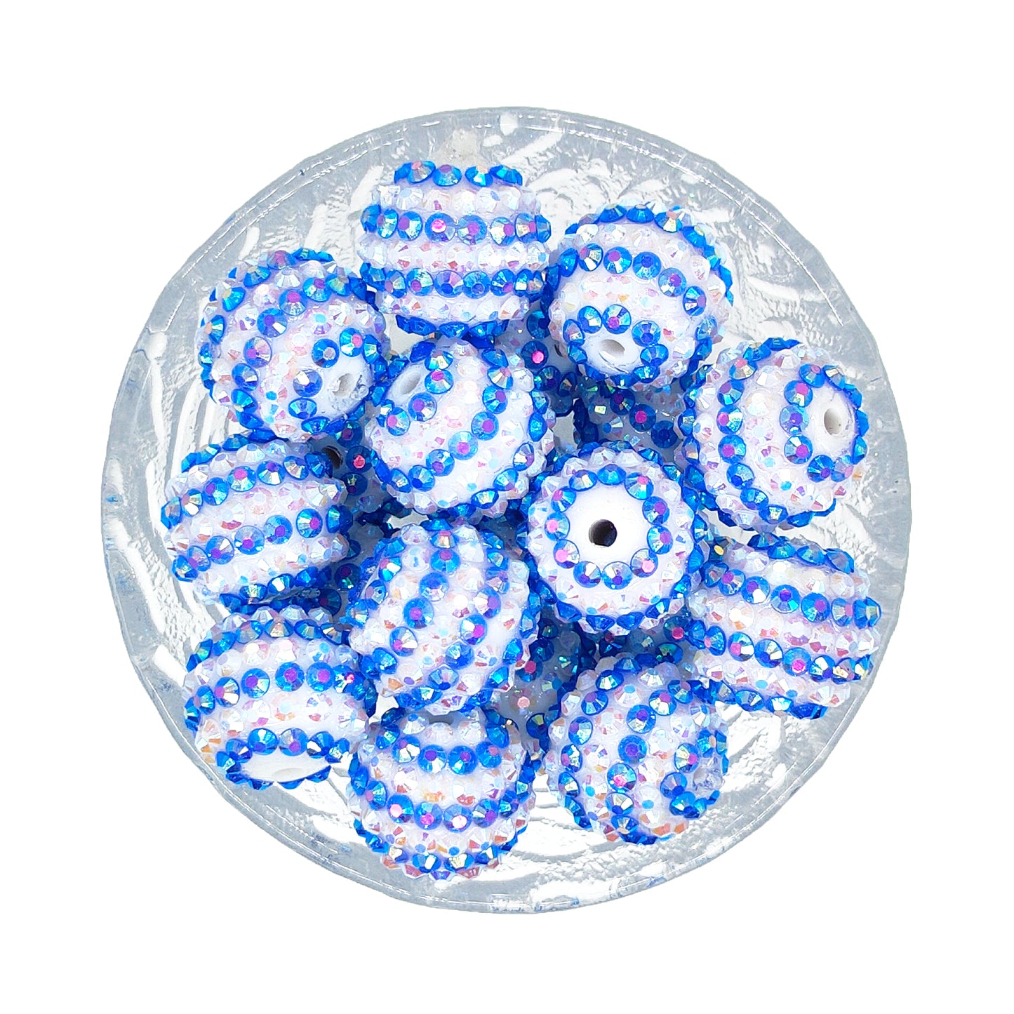 20mm Acrylic Blue Striped Rhinestone Bubblegum Chunky Beads
