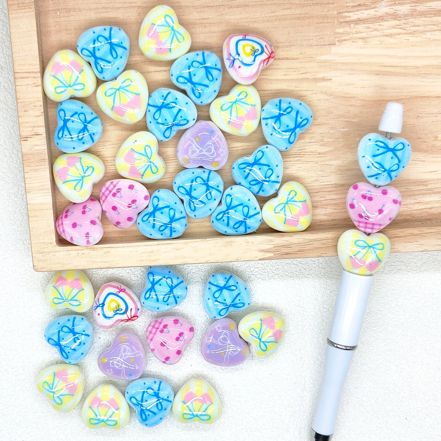 Bowknot Print Mix Heart Acrylic Beads,Love Bead