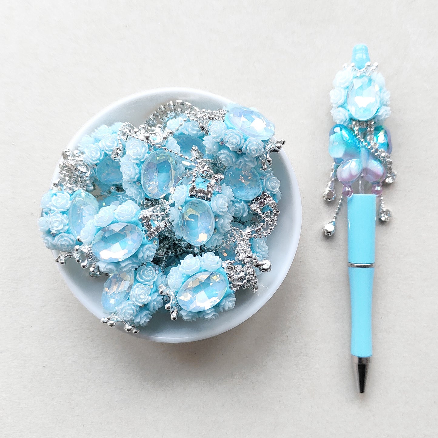 5Pcs Blue Rose Flower Bling Gem Beads, Dangly Rhinestone Beads