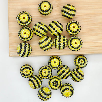 20mm Yellow Black Striped Rhinestone Bubblegum Acrylic Beads