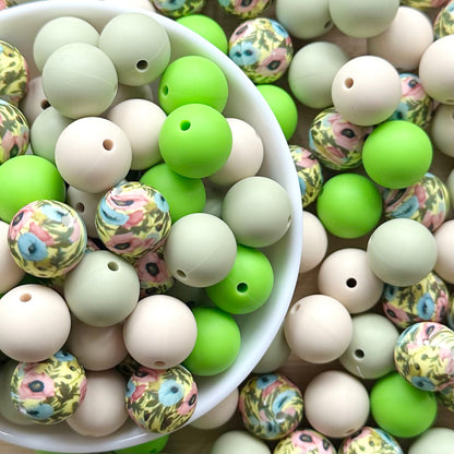 15mm Assorted Green Floral Silicone Beads Mix