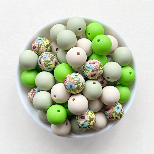 15mm Assorted Green Floral Silicone Beads Mix