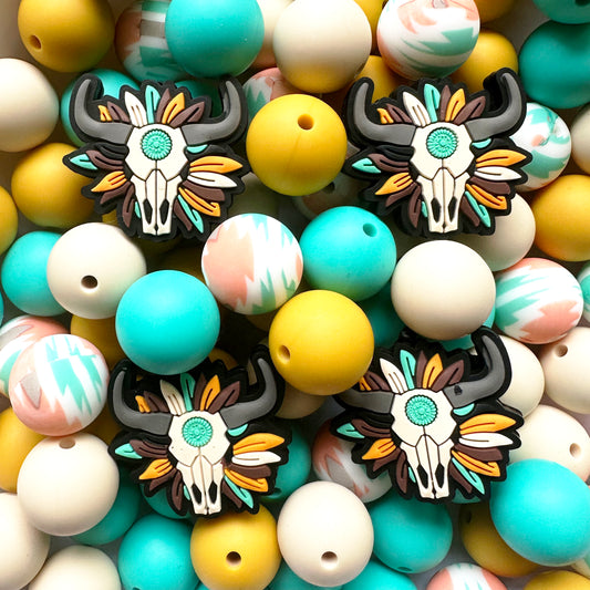 24/48Pcs Assorted Beads, 15mm Round Silicone Beads&Western Cow Skull Focal