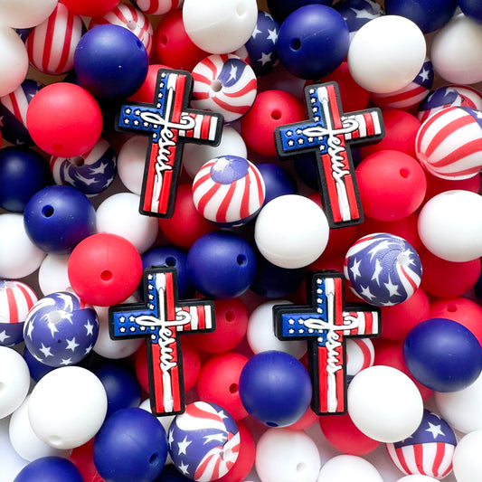 24/48Pcs Assorted Beads, Patriotic Cross Focal & Round Beads
