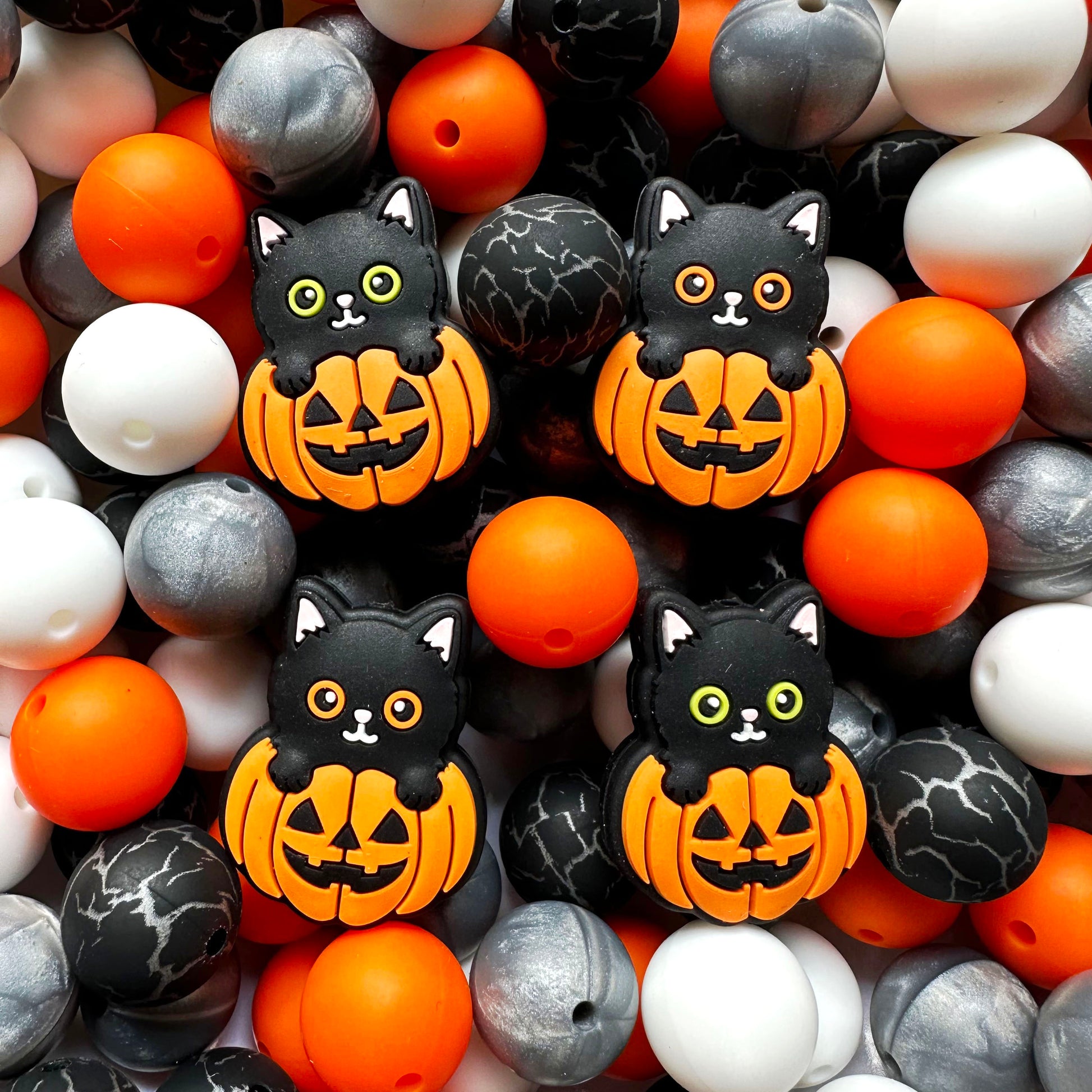 24/48Pcs Assorted Beads, Pumpkin Cat Focal & 15mm Silicone Beads
