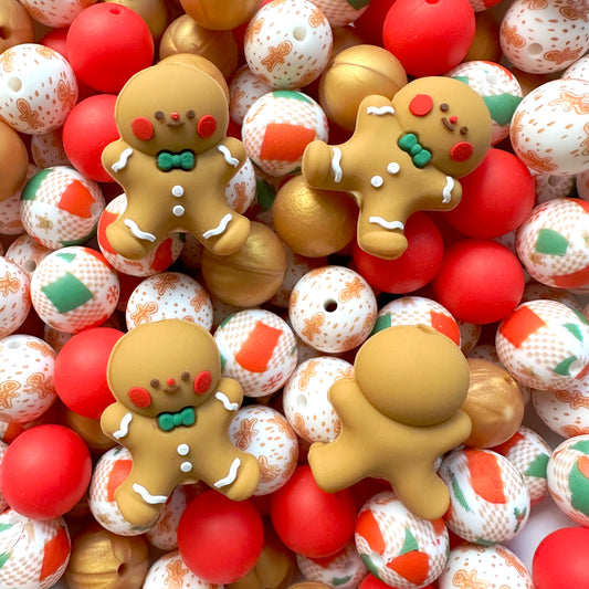 24/48Pcs Assorted Christmas Beads, Gingerbread Man Focal With 15mm Silicone Beads