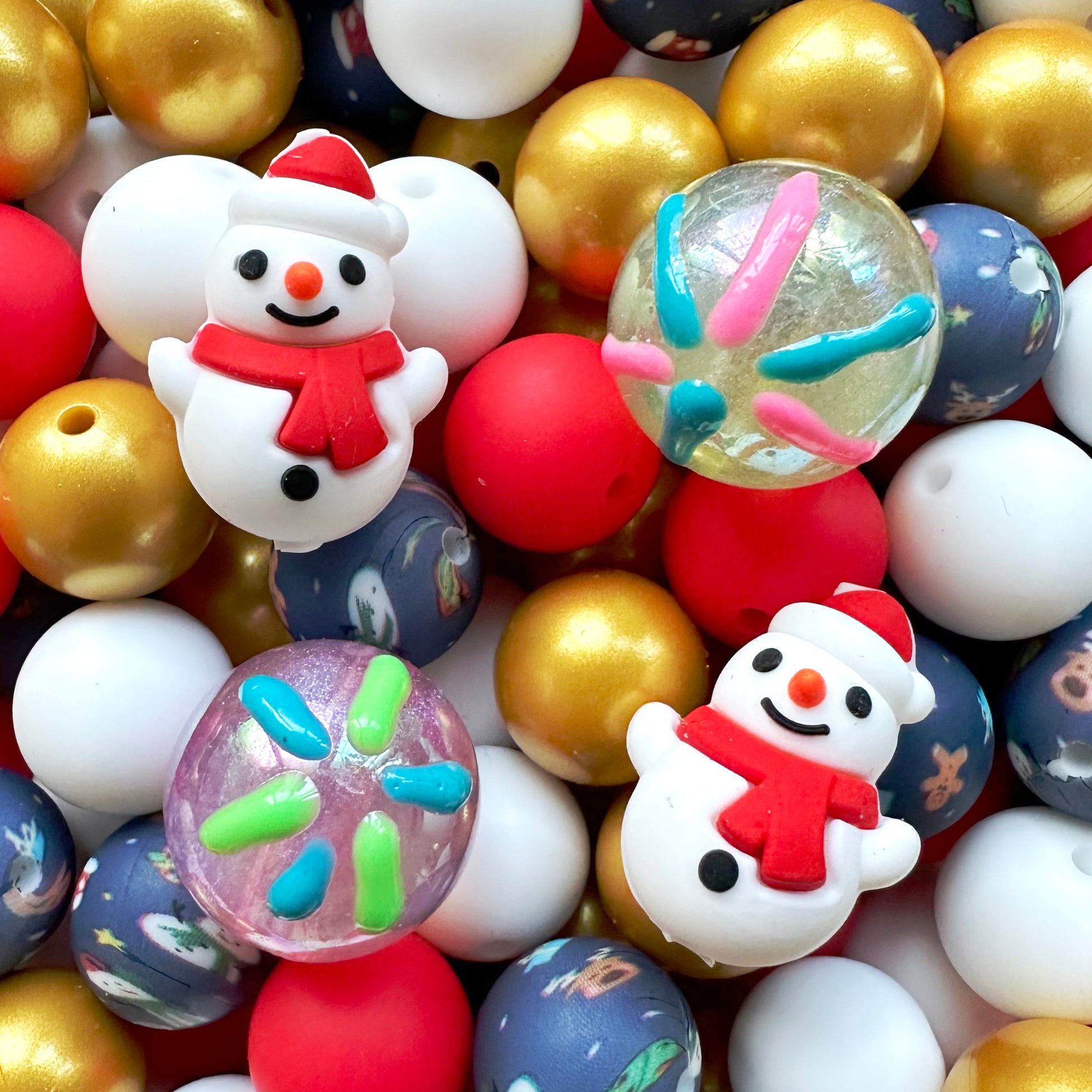 24/48Pcs Assorted Beads, Christmas Snowman Focal & Bubblegum Beads, 15mm Silicone Beads