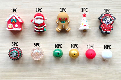 55Pcs Assorted Christmas Beads Silicone Beads Bubblegum Rhinestone Beads Pack