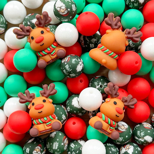 24/48Pcs Assorted Beads, Christmas Deer Focal & 15mm Silicone Beads