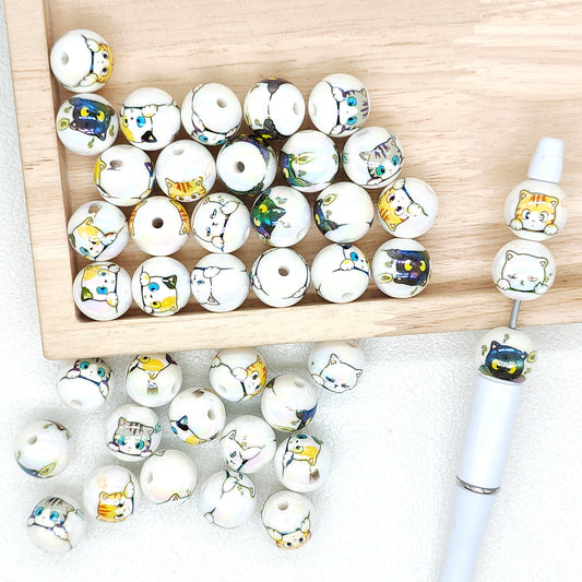 Cat Print UV Round Acrylic Gumball Loose Bead DIY Keychain Jewelry