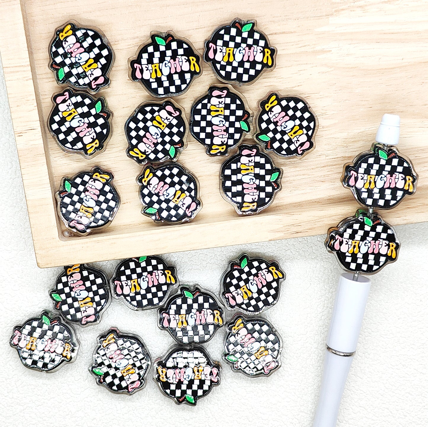 Checkered Apple Teacher Acrylic Beads 