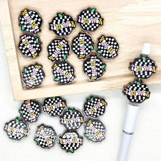 Checkered Apple Teacher Acrylic Beads 