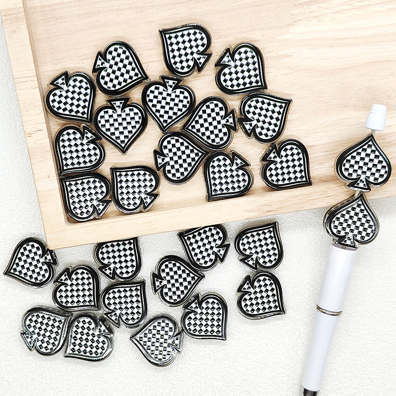 Checkered Spade Shape Beads,Poker Flat Acrylic Beads