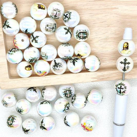 Christian Religious Print Assorted Acrylic Beads,UV 16mm Gumball Beads