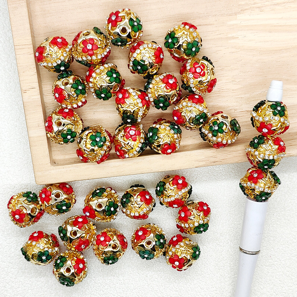 Christmas Fancy Red Green Flower Rhinestone Beads
