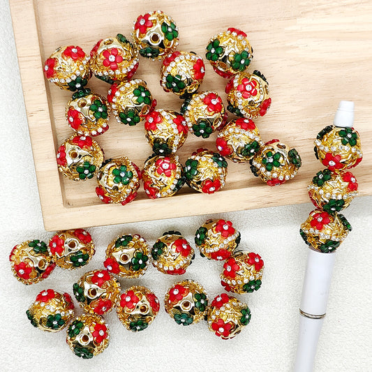Christmas Fancy Red Green Flower Rhinestone Beads