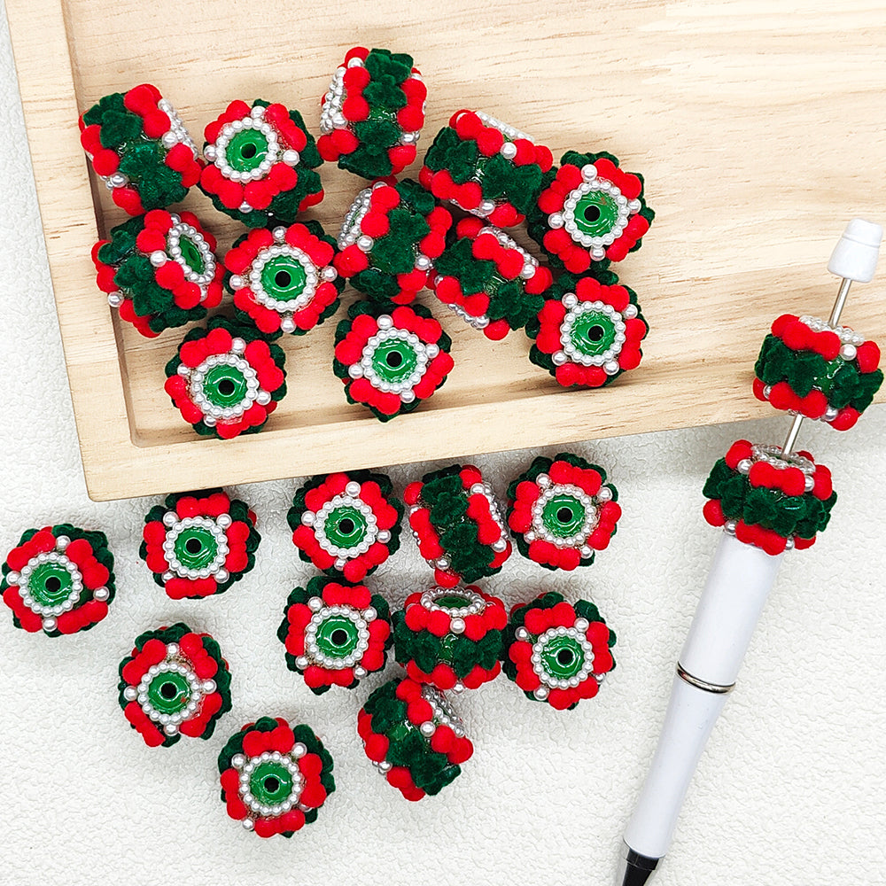 Christmas Flocked Bowknot Pearl Fancy Beads,Acrylic Beads