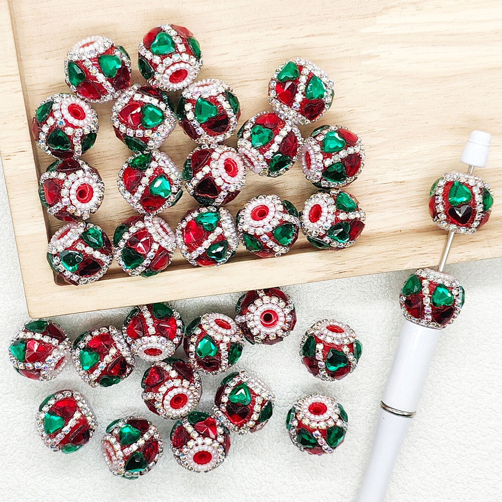 Christmas Rhinestone Heart Acrylic Fancy Beads,Crystal Charm Bling Beads