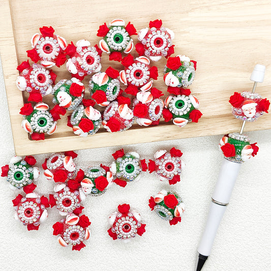 Christmas Santa Flock Rose Flower Rhinestone Acrylic Beads