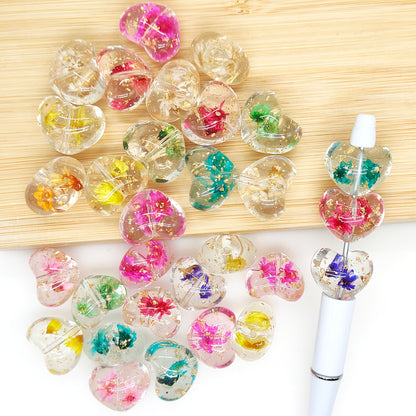 Chunky Floating Dried Flower Heart Bubblegum Acrylic Beads