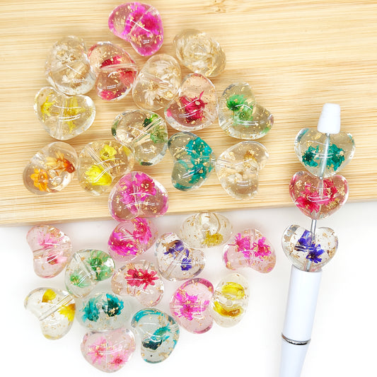 Chunky Floating Dried Flower Heart Bubblegum Acrylic Beads