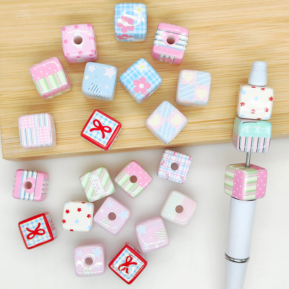 Cube 15mm Assorted Pink Cute Pattern Square Acrylic Beads