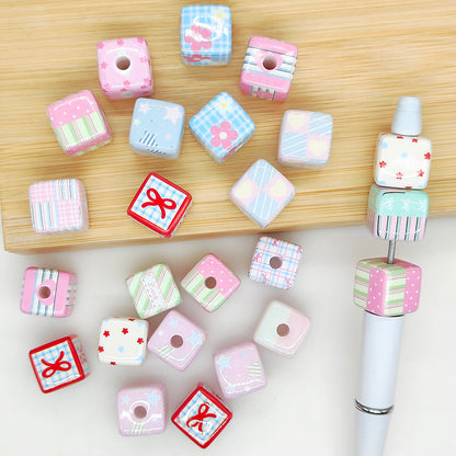 Cube 15mm Assorted Pink Cute Pattern Square Acrylic Beads