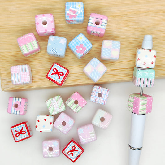 Cube 15mm Assorted Pink Cute Pattern Square Acrylic Beads